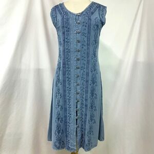 COLINE Blue Embroidered Beaded Midi Dress Women's M Boho Tie Back Fairy Ethereal